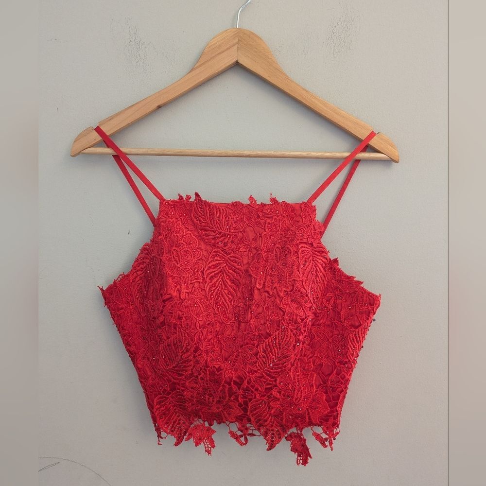 Dave & Johnny Red Embroidered Studded Formal Crop Tank Top Size 3/4
